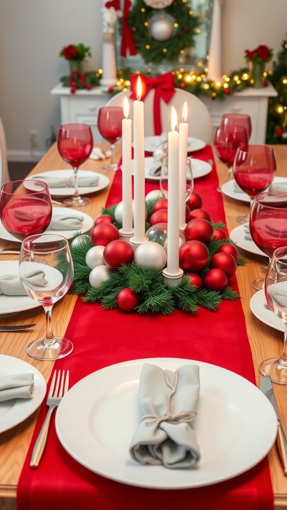 Elegant White and Red Christmas Table Settings Christmas table setting with red runner, white plates, candles, and ornaments.